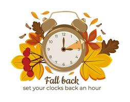 Daylight Saving Time Ends November 5, 2023. Alarm Clock Set To Clock Back One Hour on Background Autumn Foliage. WinterTime, Fall Back. vector