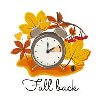 Daylight saving time, 2023 concept. Alarm clock on the autumn leaves background. The reminder text - set clock back one hour. Vector illustration