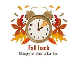 Daylight Saving Time concept. Autumn landscape with text Fall Back, the hand of the clocks turning to winter time. vector