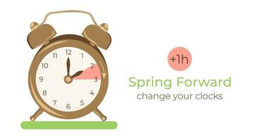 Spring Forward minimalist banner. Set clocks one hour Ahead in March. Hand of alarm turning to Summertime. Daylight Saving Time starts. Springtime concept in flat style. vector