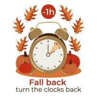 Daylight Saving Time concept. Autumn landscape with text Fall Back, the hand of the clocks turning to winter time. Pumpkins and autumn leaves. clock turning an hour back vector