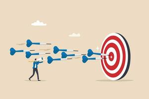 Marketing target strategy, leadership or skill to reach target or achievement, aiming for perfection winning, challenge or accuracy concept, businessman control dart to reach perfect target bullseye. vector