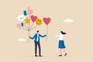 Customer feedback, review or service satisfaction, giving rating, opinion or review evaluation, user experience, ranking or quality rating concept, customer holding feedback balloons giving heart. vector