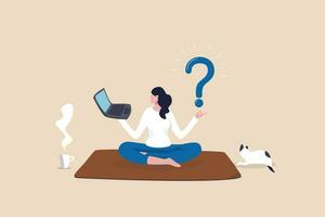Solve problem, contemplation or relaxation help find solution, focus or calm mindfulness to get answer, understanding or brainstorming concept, businesswoman lotus meditate to solve work problem. vector