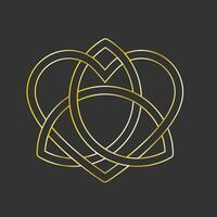 Golden Triquetra cross thin line. Trinity symbol with heart shape. Love forever, wedding or passion concept. Vector illustration on black background