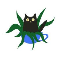 Cute black cat sitting in a pot with a houseplant. Simple vector illustration for card design and for children. Pets concept, love and family concept. Isolated vector illustration.