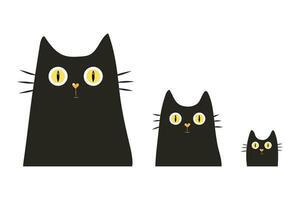 Three cute hand-drawn black cats. Simple vector illustration for card design and for children. Pets concept, love and family concept. Isolated vector illustration. different sizes