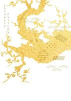japonés antecedentes con oro textura en rama de árbol silueta vector. japonés icono y símbolo con resumen mano dibujado línea modelo. modelo diseño con geométrico modelo en Clásico estilo. vector