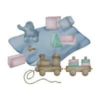 Illustration with toys on baby blanket delicate colors isolated on white background. Hand drawn wooden train in pastel shades. Painted blocks, cubes for toddler. Element for card, birthday poster vector