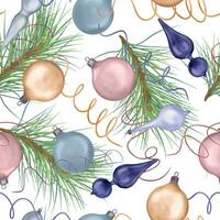 Navidad sin costura modelo con Navidad adornos, árbol digital ilustración aislado en blanco. fiesta símbolo, serpentina mano dibujado. elemento para nuevo año diseño envase, textil, antecedentes vector