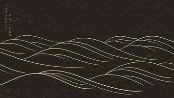 Japanese black background with Gold line wave texture in vintage style vector. Abstract art pattern. Template and banner design in oriental style. vector