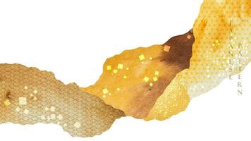 Japanese background with watercolor texture vector. Abstract art template with geometric shape pattern. Mountain layout design in oriental style. Yellow and gold banner. vector