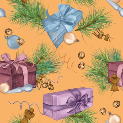 Christmas seamless pattern of gift boxes, Christmas decorations digital illustration isolated on gold. Pine branch, deer, angel hand drawn. Element for holiday print, new year wrapping, background