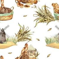 Seamless pattern with wheat ears and bread watercolor illustration isolated on white background. Rural making bread mill hand drawn. Painted spikelet of wheat. Design for package, wrapping paper vector