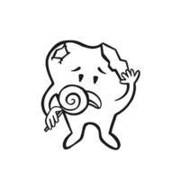 sad character tooth broken because of sweets, oral hygiene, outline vector