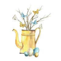 Watercolor illustration of Happy Easter with eggs, plants, garden watering can, twigs. Drawn by hand isolated on a separate background. Suitable for greeting cards tags invitations packaging graphic vector