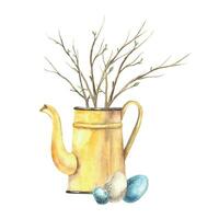 Watercolor illustration of Happy Easter with eggs, plants, garden watering can, twigs. Drawn by hand isolated on a separate background. Suitable for greeting cards tags invitations packaging design vector