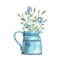 Watercolor illustration with butterflies, garden watering can, green plant. Hand drawn isolated on a separate background. Suitable for greeting cards, tags, invitations, print packaging graphic design vector