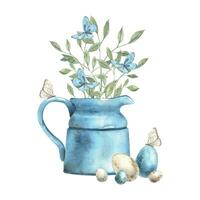 Watercolor illustration of Happy Easter with eggs, butterflies, garden watering can, green plant. Hand drawn isolated on a separate background. Suitable for greeting cards, tags, invitations, print vector