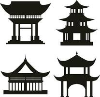 Traditional Chinese Building. Flat Black Temple. Vector Icons