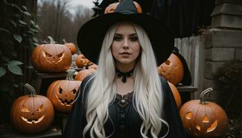 AI generated Beautiful young woman in black dress and hat on the background of Halloween pumpkins. ai generative photo