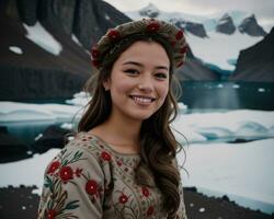 AI generated Portrait of a young woman smiling at camera in front of icebergs. ai generative photo