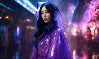 AI generated beautiful asian woman in purple raincoat walking in the city. ai generative photo