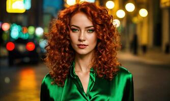 AI generated Beautiful young woman with red curly hair in a green dress in the city at night. ai generative photo