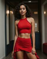 AI generated Beautiful young brunette woman in a red sports top and leggings posing. ai generative photo