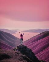 AI generated young woman hiker open arms on top of a mountain at sunrise. ai generative photo