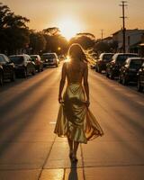 AI generated Beautiful young woman in a long yellow dress walking on the street at sunset. ai generative photo
