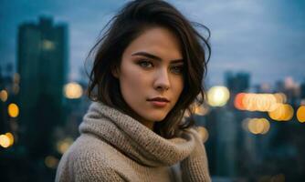 AI generated Portrait of a beautiful young woman in the city at sunset. ai generative photo