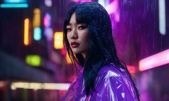 AI generated beautiful asian woman in purple raincoat walking in the city. ai generative photo