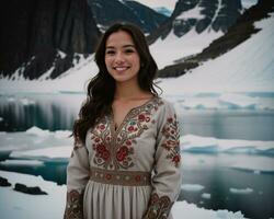 AI generated Portrait of a young woman smiling at camera in front of icebergs. ai generative photo