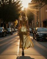 AI generated Beautiful young woman in a long yellow dress walking on the street at sunset. ai generative photo