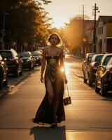 AI generated Beautiful young woman in a long yellow dress walking on the street at sunset. ai generative photo