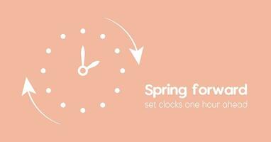 Spring Forward monochrome banner in Minimalist style. Reminder text Set clocks one hour Ahead in March. Hand of face turning to Summer time. vector