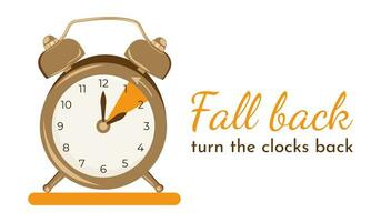 Daylight Saving Time Ends November 5, 2023. Alarm Clock Set To Clock Back One Hour. Winter Time, Fall Back. Web reminder banner. Picture of clocks with arrow hand turning back an hour. Yellow. Autumn. vector