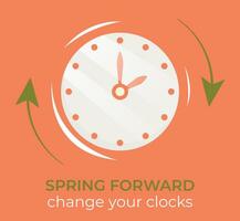 Clock with text Spring Forward. Vector simple illustration to change hand to one hour ahead.