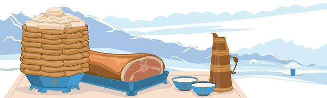 Traditional dishes for the celebration of the Mongolian New Year - Tsagaan Sar. Pies and cottage cheese. Roasted sheep's groats and milk tea against the backdrop of a winter landscape. Vector. vector