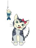 A funny cute cat licks when he sees a fish on a hook. The illustration is done by hand in a cartoon style. vector