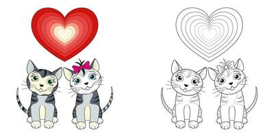 Cute cats line and color. In love. The illustration is done by hand in a cartoon style. Coloring page. vector