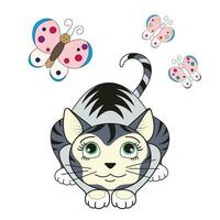 Funny cute cat watches butterflies. Color image. The illustration is done by hand in a cartoon style. vector