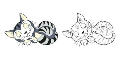 Funny sleeping cute cat line and color. The illustration is done by hand in a cartoon style. vector