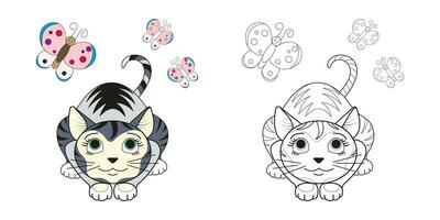 Cute cat with a bow line and color. Cartoon vector illustration for coloring book