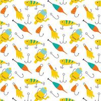 Seamless pattern with fishing gear. Hand-drawn pattern with baits, hooks and floats. Vector illustration.