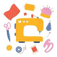 conjunto de de coser herramientas. mano dibujado colección de de coser elementos. de coser máquina, aguja, tijeras, hilo. vector ilustración aislado en blanco antecedentes.