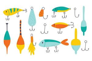 Set of fishing tackles. Hand drawn collection of fishing tackles and floats isolated on a white background. Vector illustration.