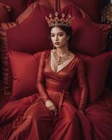 AI generated fashion interior photo of beautiful sensual woman with dark hair in luxurious dress and crown posing in bed. ai generative. ai generative