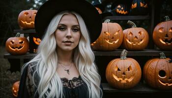 AI generated Beautiful young woman in black dress and hat on the background of Halloween pumpkins. ai generative photo